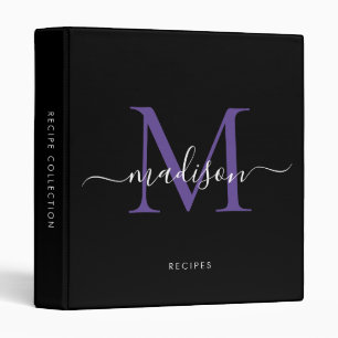 Modern Monogram Black Purple Script Kitchen Recipe 3 Ring Binder