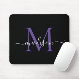 Modern Monogram Black Purple Violet Girly Script Mouse Pad