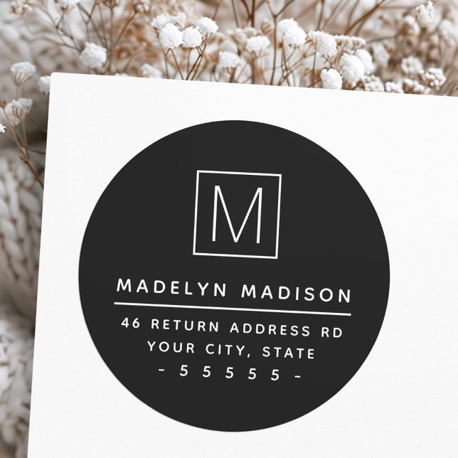 Modern monogram black return address classic round sticker (Modern monogram black return address classic round sticker)