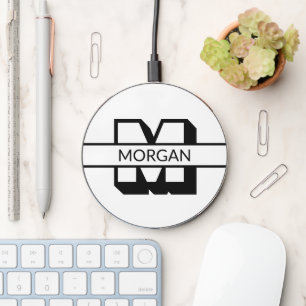 Modern monogram black white bold initial name wireless charger 