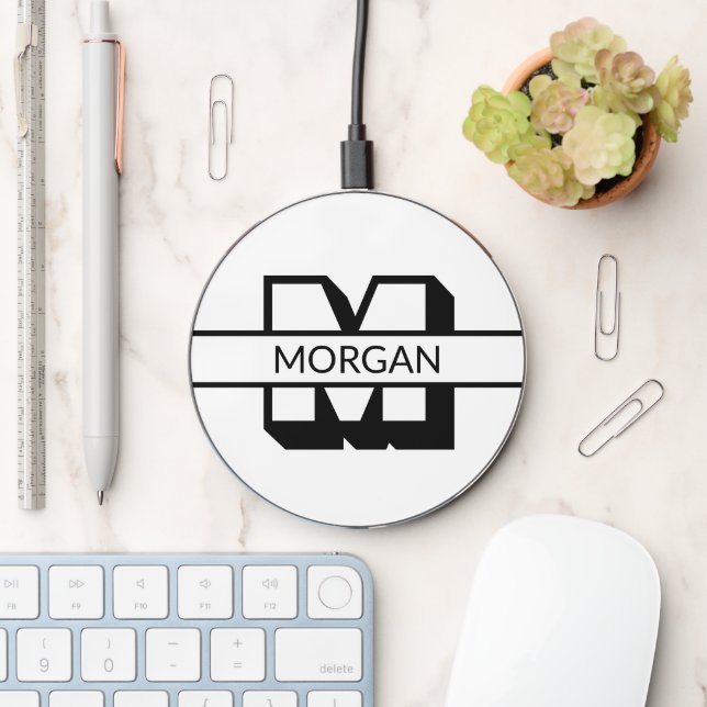 Modern monogram black white bold initial name wireless charger  (Desk)