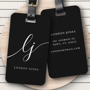 Modern Monogram Black White Calligraphy Initials Luggage Tag