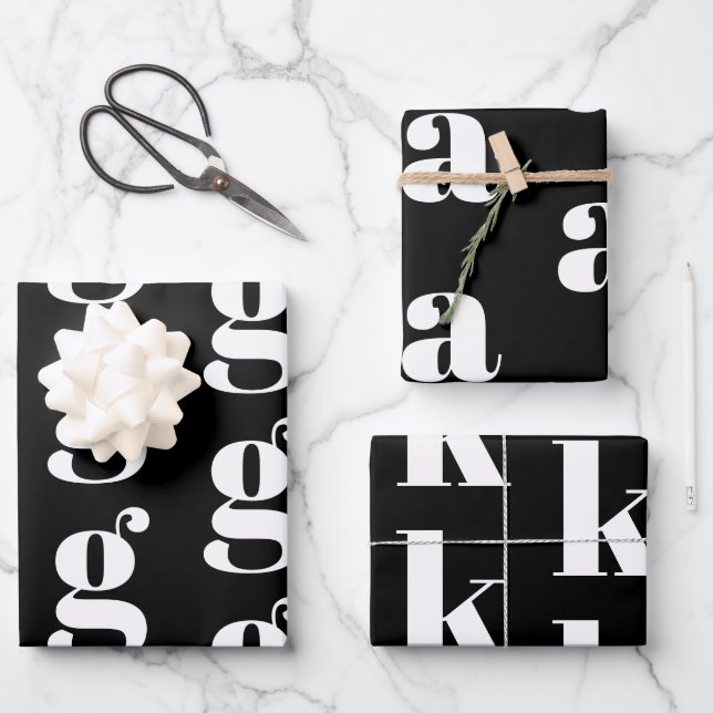 Modern monogram black white custom initial letter wrapping paper sheets (Front)