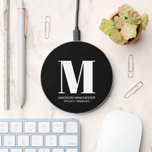 Modern monogram black white initial name title  wireless charger 