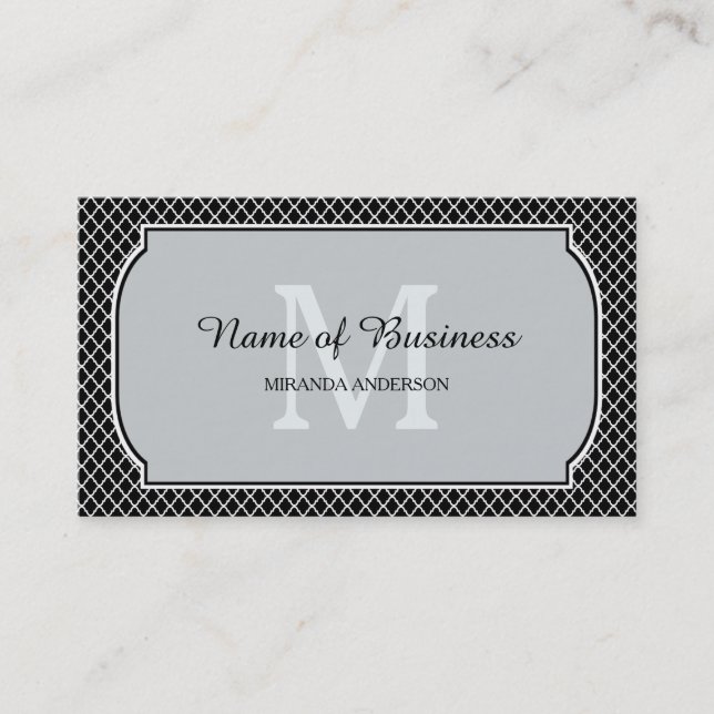 Modern Monogram Black White Quatrefoil With Name Business Card (Front)