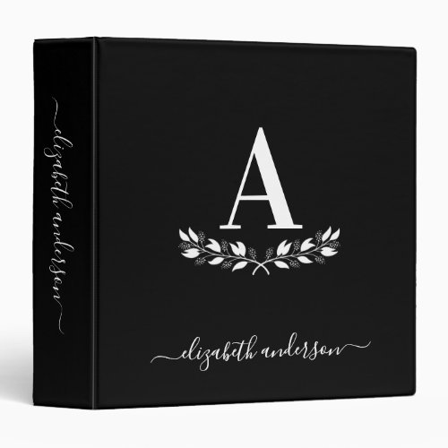 Modern Monogram Black White Script School 3 Ring Binder