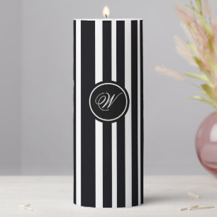 Modern Monogram Black & White Striped Art Form Pillar Candle