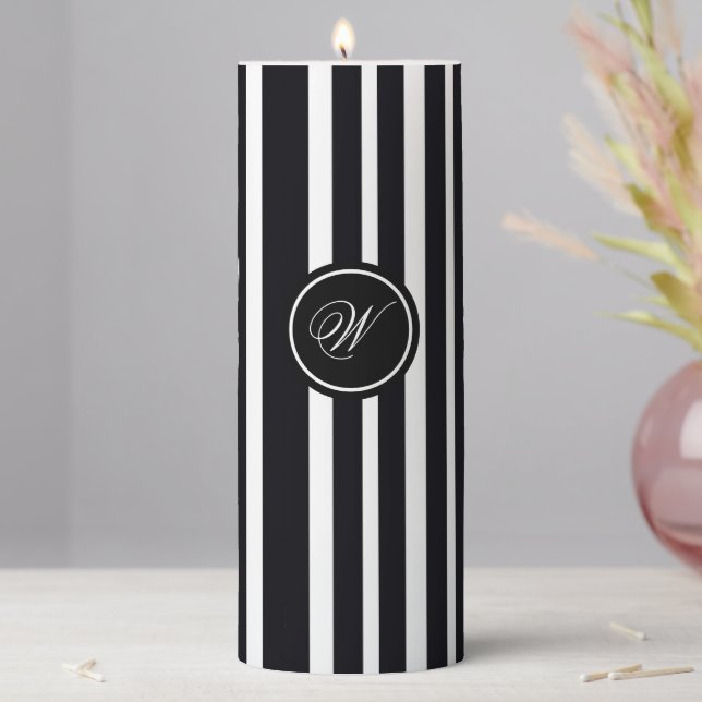 Modern Monogram Black & White Striped Art Form Pillar Candle (In Situ)