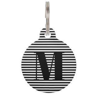 Modern monogram black white stripes custom info pet ID tag