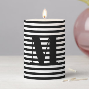 Modern monogram black white stripes custom initial pillar candle