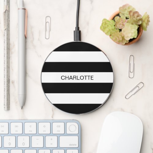 Modern monogram black white stripes custom name  wireless charger 