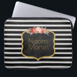 Modern Monogram Black White Stripes | Roses Gold Laptop Sleeve<br><div class="desc">Modern black and white stripes floral monogrammed computer sleeve for her- Classic black and white stripes pattern background. Trendy faux chalkboard frame with gold glitter edges and vintage style pink roses. Centered with monogrammed name in matching elegant gold lettering. Note: All images are printed. Not actual glitter or chalkboard. Chic...</div>