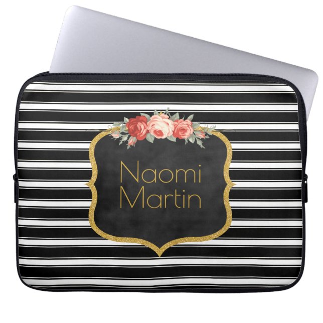Modern Monogram Black White Stripes | Roses Gold Laptop Sleeve (Front)