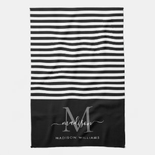 Modern Monogram Black White Stripes Script Name Kitchen Towel