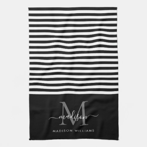 Modern Monogram Black White Stripes Script Name Kitchen Towel