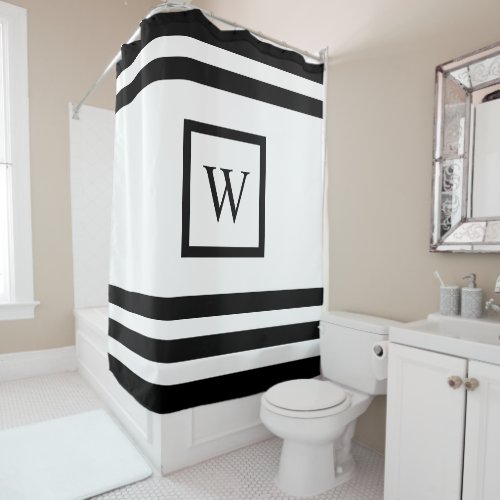 Modern Monogram Black White Stripes Shower Curtain