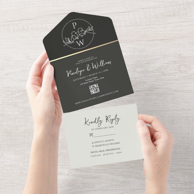 Modern Monogram Black White Wedding All In One Inv All In One Invitation (Tearaway)