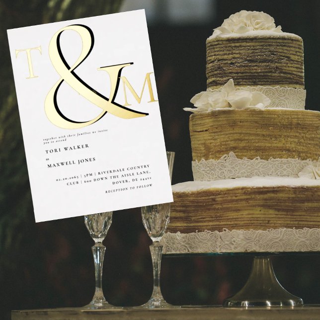 Modern Monogram Black & White Wedding Gold Foil Invitation (Creator Uploaded)