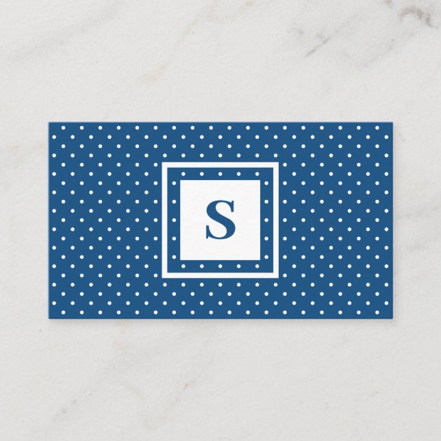 Modern Monogram Blue and White Polka Dot Pattern Business Card (Front)
