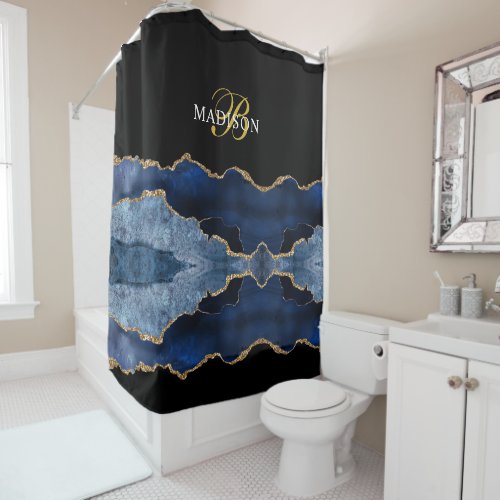 Modern Monogram Blue Black Agate Gold Shower Curtain