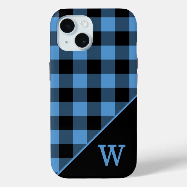 Modern Monogram Blue Black Gingham Plaid Pattern Case-Mate iPhone Case (Back)