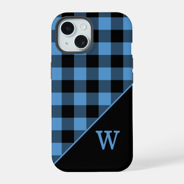 Modern Monogram Blue Black Gingham Plaid Pattern Iphone Case (Back)