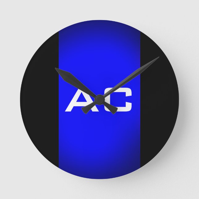 Modern Monogram Blue Black Plain Round Clock (Front)