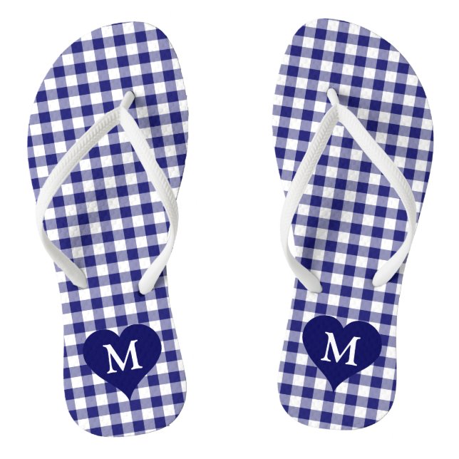 Modern Monogram Blue Checked Flip Flops (Footbed)