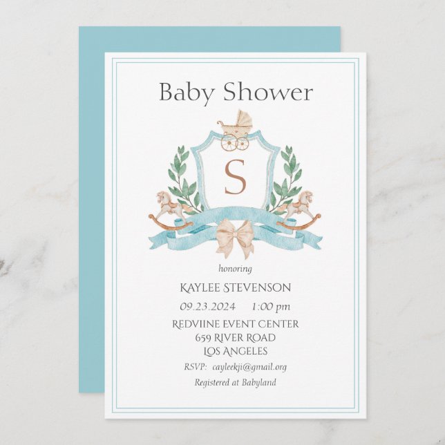 Modern Monogram Blue Crest Greenery Baby Invitation (Front/Back)