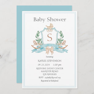 Modern Monogram Blue Crest Greenery Baby Invitation