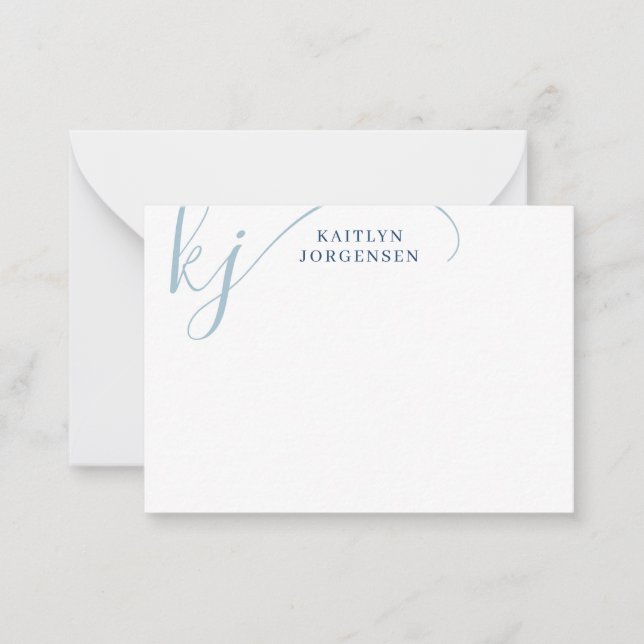 Modern Monogram Blue Fancy Script Initials Note Card (Front)