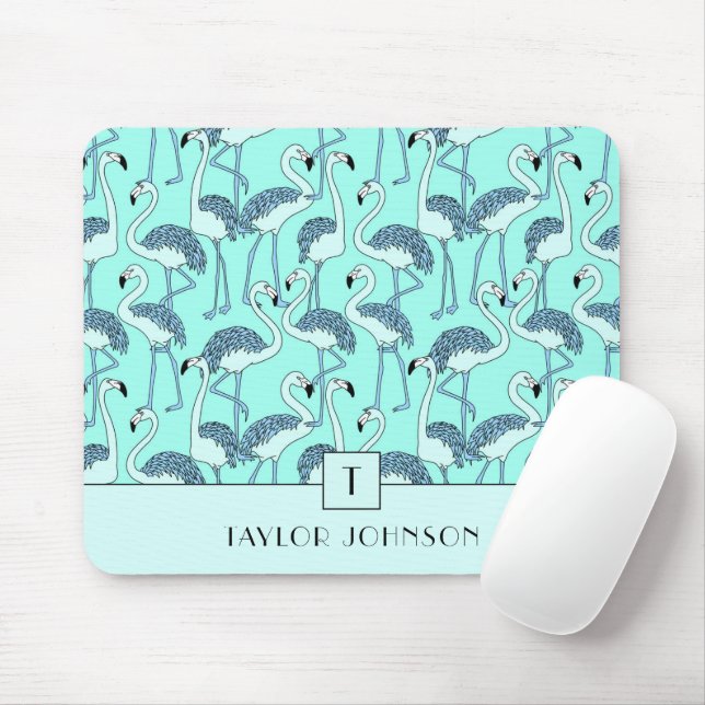 Modern Monogram Blue Flamingos Mouse Pad (With Mouse)