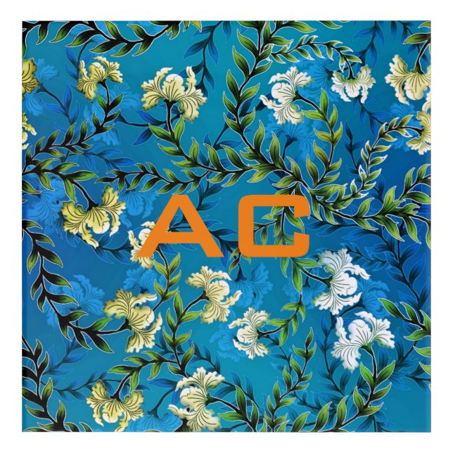 Modern Monogram Blue Floral Chic Acrylic Print (Front)
