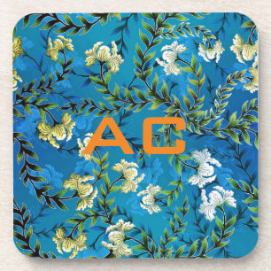 Modern Monogram Blue Floral Chic Beverage Coaster