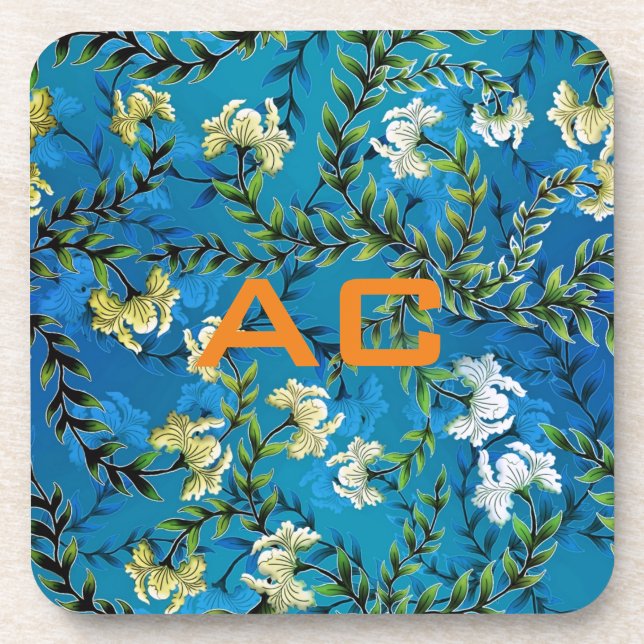 Modern Monogram Blue Floral Chic Beverage Coaster (Front)