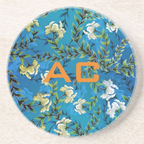 Modern Monogram Blue Floral Chic Coaster