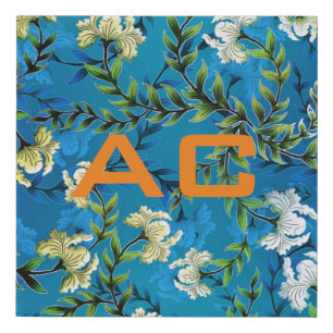Modern Monogram Blue Floral Chic Faux Canvas Print