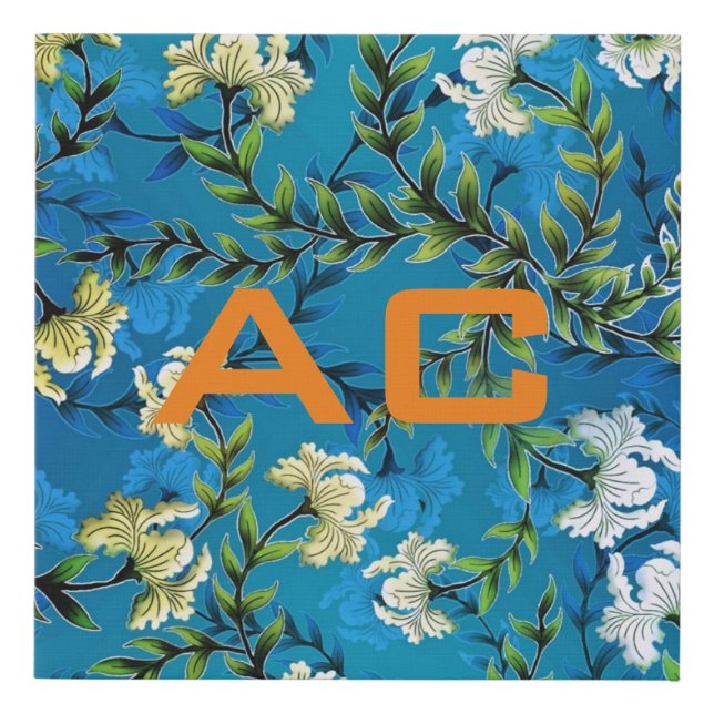 Modern Monogram Blue Floral Chic Faux Canvas Print (Front)