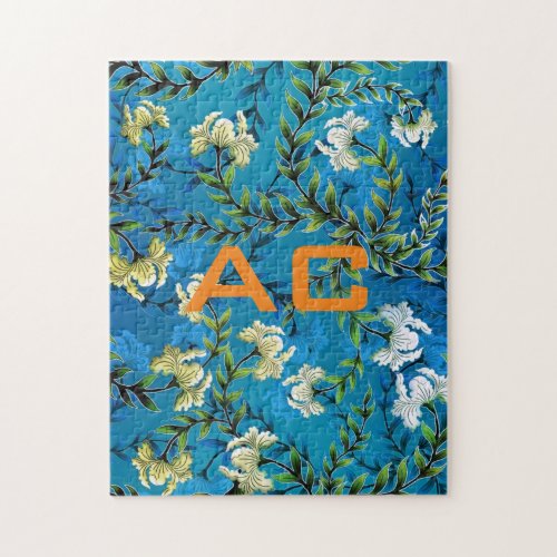Modern Monogram Blue Floral Chic Jigsaw Puzzle
