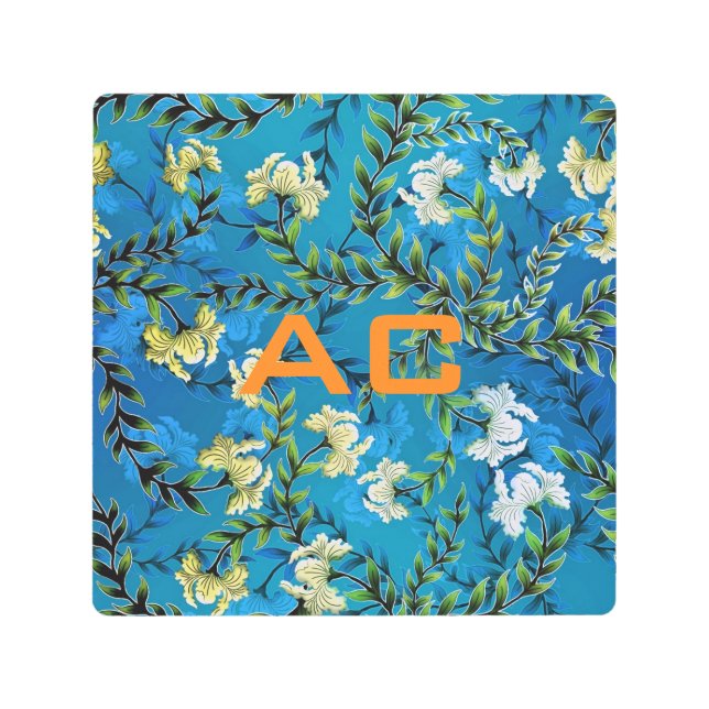 Modern Monogram Blue Floral Chic Metal Print (Front)