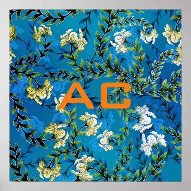 Modern Monogram Blue Floral Chic Poster (Front)