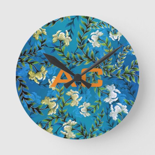 Modern Monogram Blue Floral Chic Round Clock