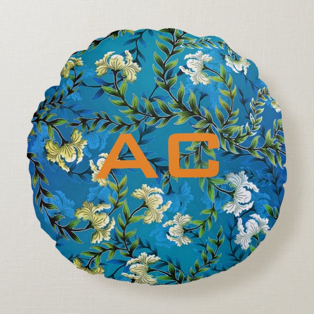 Modern Monogram Blue Floral Chic Round Pillow (Front)