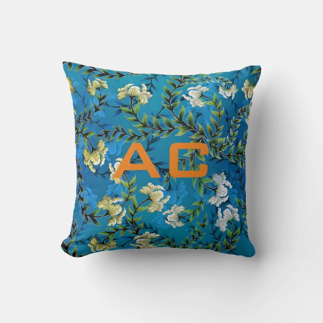 Modern Monogram Blue Floral Chic Throw Pillow (Front)
