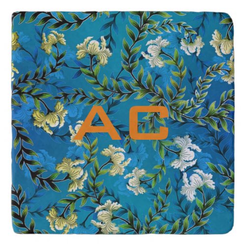 Modern Monogram Blue Floral Chic Throw Pillow Trivet