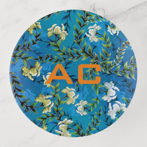 Modern Monogram Blue Floral Chic Trinket Tray