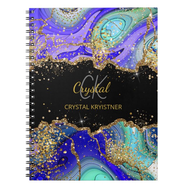 Modern Monogram Blue Green Agate Glitter  Notebook (Front)