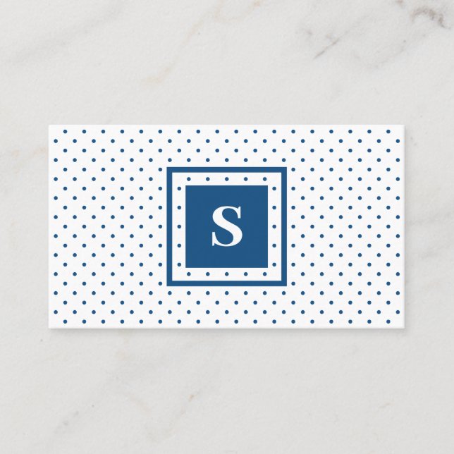 Modern Monogram Blue on White Polka Dot Pattern Business Card (Front)