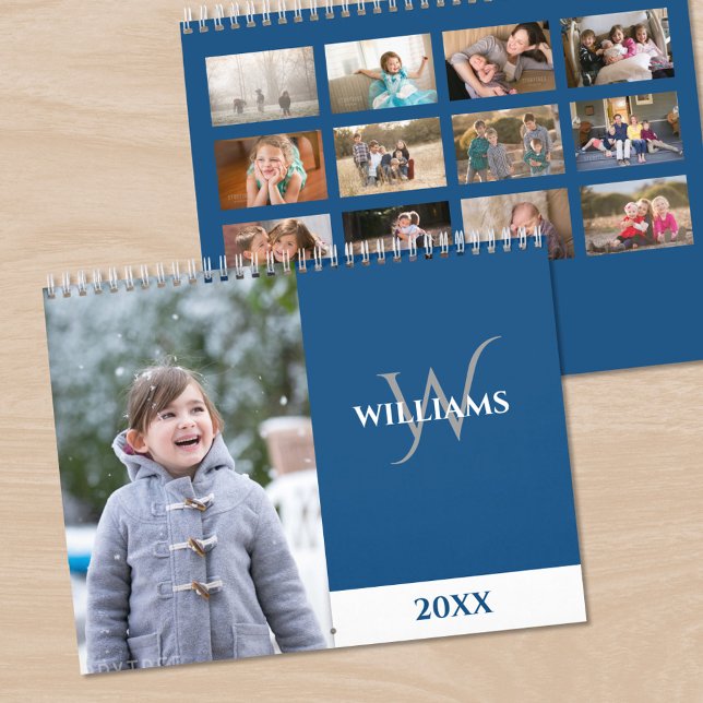 Modern Monogram Blue Photo Calendar (Modern Monogram Blue Photo Calendar, front/back)