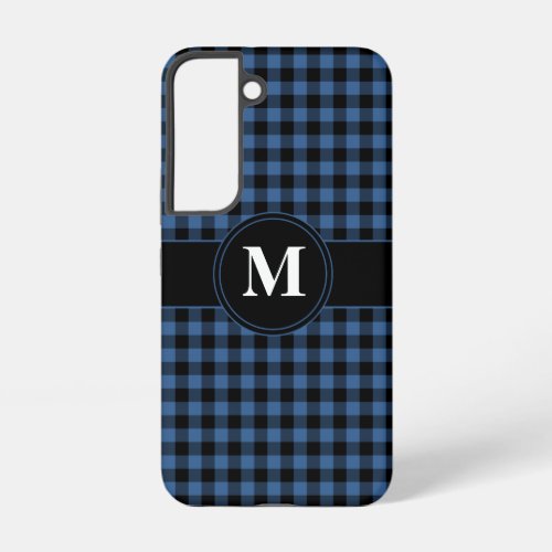 Modern Monogram Blue Plaid Pattern Samsung Galaxy S22 Case